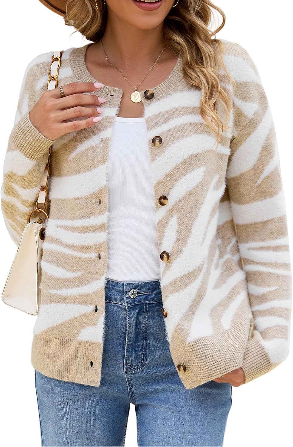 Sidefeel Women's Long Sleeve Crewneck Animal Print Cardigans Sweaters