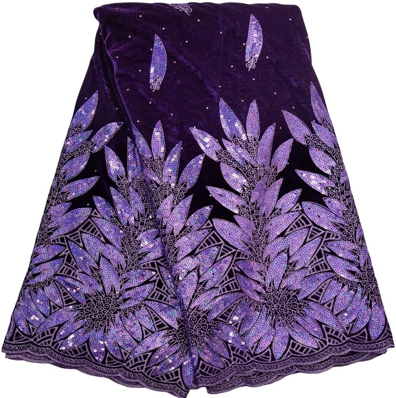 African Lace Fabric 5 Yards, Nigerian Lint Rhinestone Embroidery Lace Fabric with Sequins for Daily/Party/Wedding Sewing