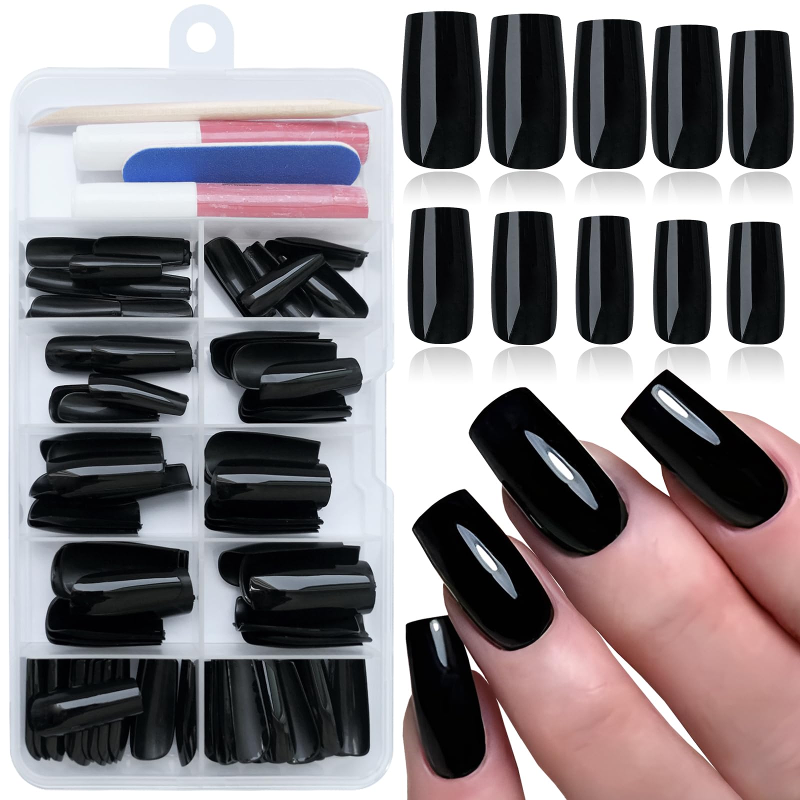 Bellelfin 120Pcs Black Press on Nails Medium Square Glue on Nails, Glossy Solid Color Fake Nails Full Cover Acrylic Nails Press on for Women Girls