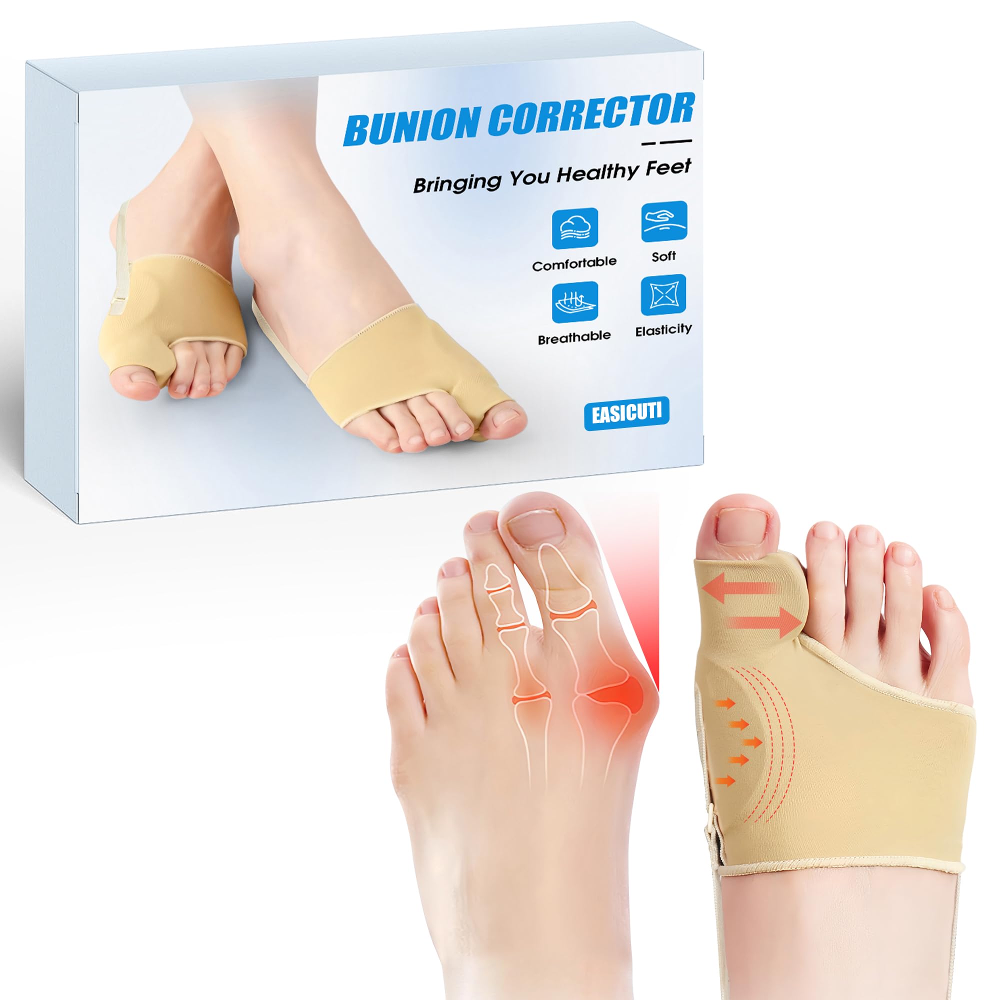 EASICUTI 2 Paar Hallux Valgus Korrektur, Zehenspreizer mit Hallux Valgus Schiene & Gelkissen, Schmerzlindernde Bandage für Herren und Damen, Rutschfeste Socken für Tag und Nacht Support, Beige
