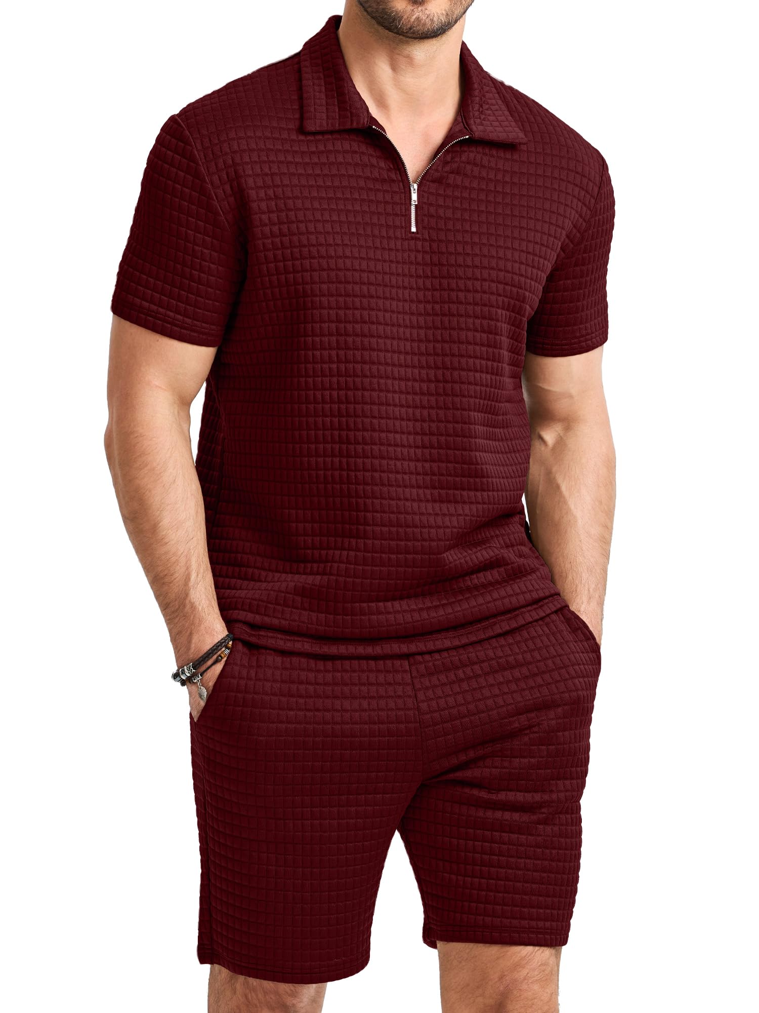 JMIERR Herren 2 Pcs Waffel Polosuit Outfits Halb Zip Polo Shirt und Short Texturiert Sommer Set S-3XL