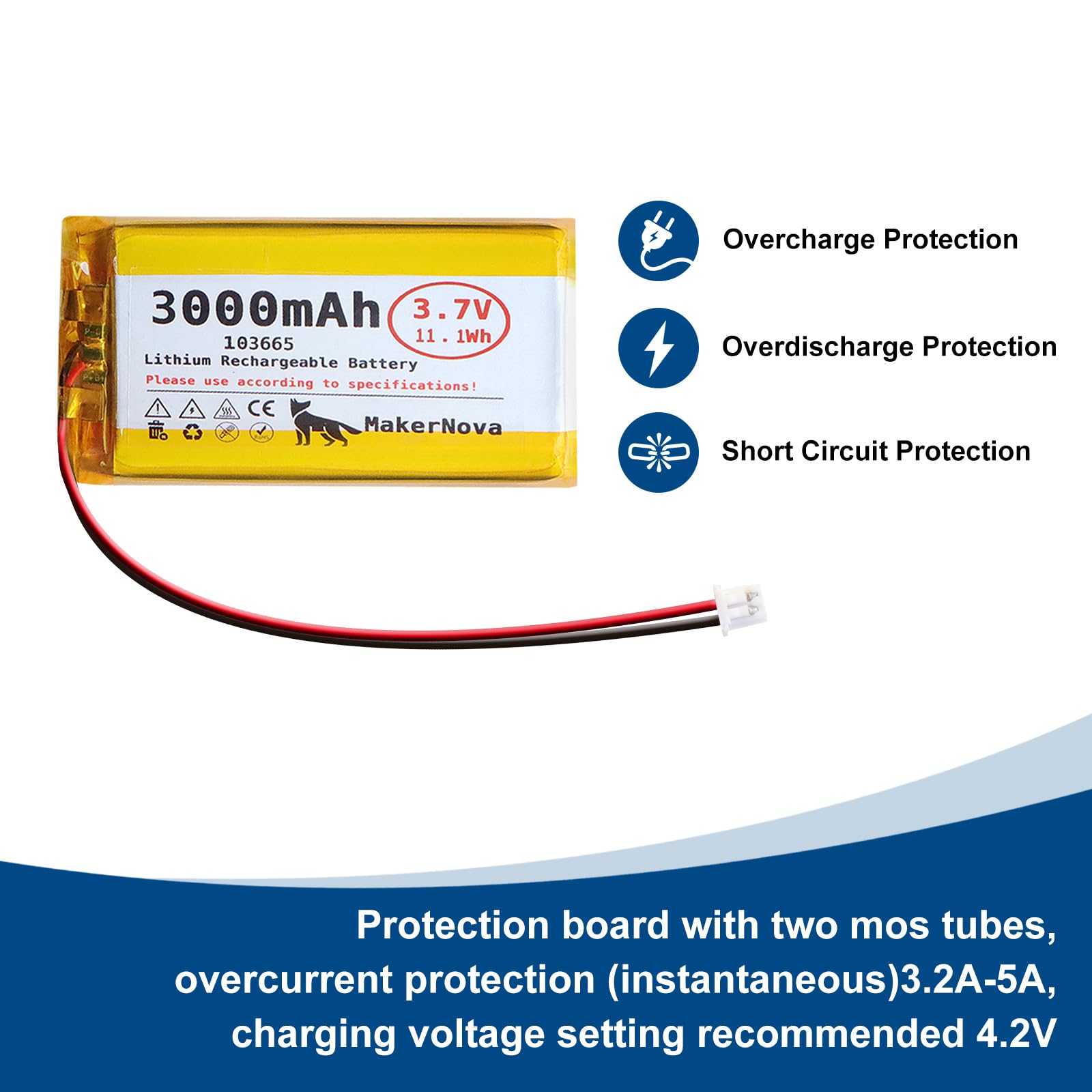 Amazon.com: MakerNova 4 Pack 3.7V 103665 3000mAh LiPo Battery, 1S