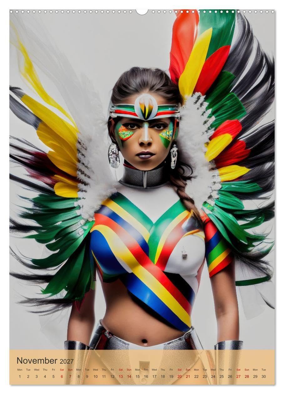 American beauties in a feather style (High Quality Premium Wall Calendar 2027 DIN A2 portrait),CALVENDO 12 Month Wall Calendar: Unique art design of American beauties in feathers