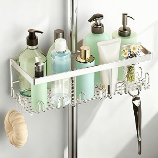 Shower shelf without drilling for round bars 18-25mm shower rod | (Not for Square/Rectangle Bars), Shampoo Shower Holder with 12 Hooks