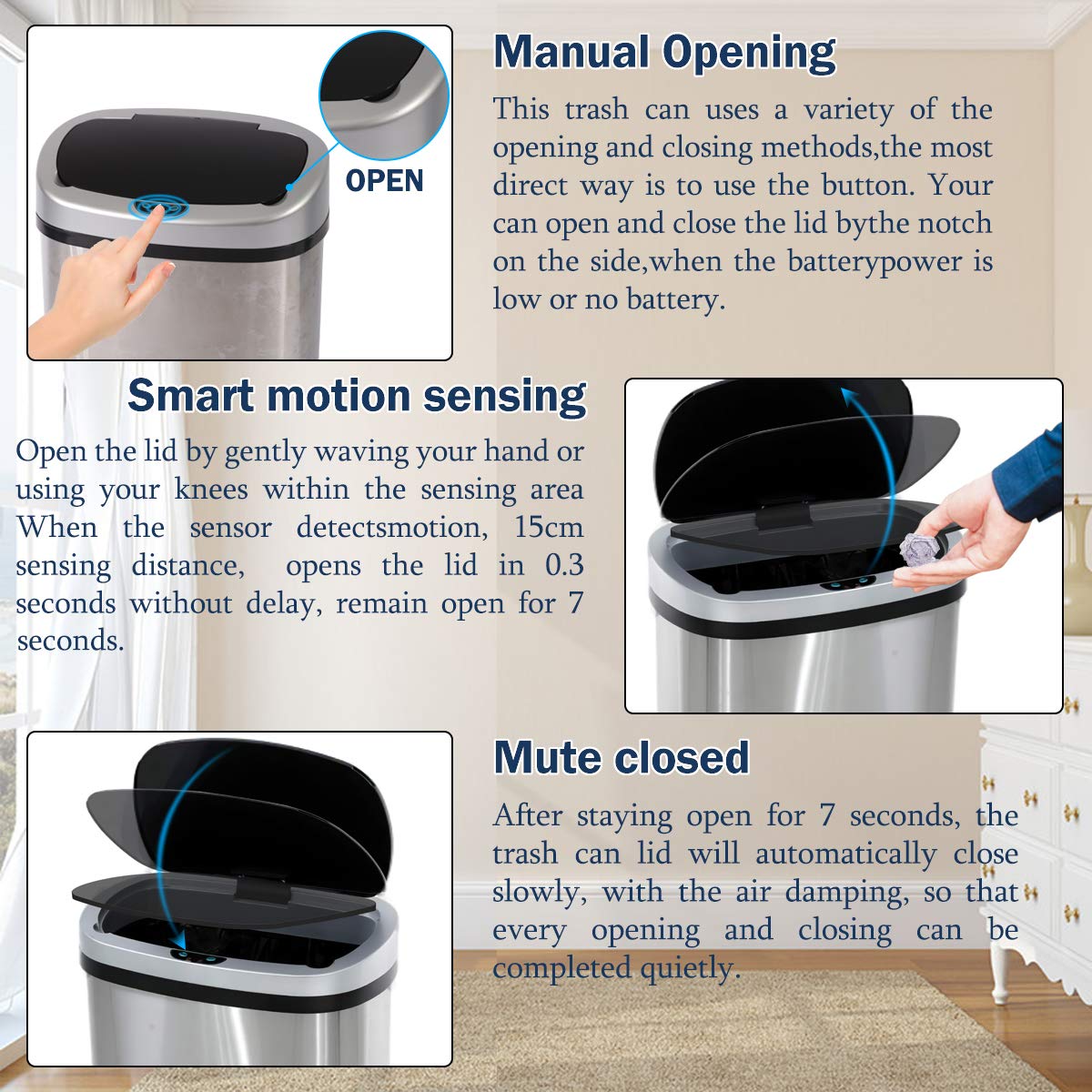 HHS 13 Gallon 50 Liter Stainless Steel Trash Can with Motion Sensor, Anti-Fingerprint Mute Design, and Automatic Closure for Office, Bedroom