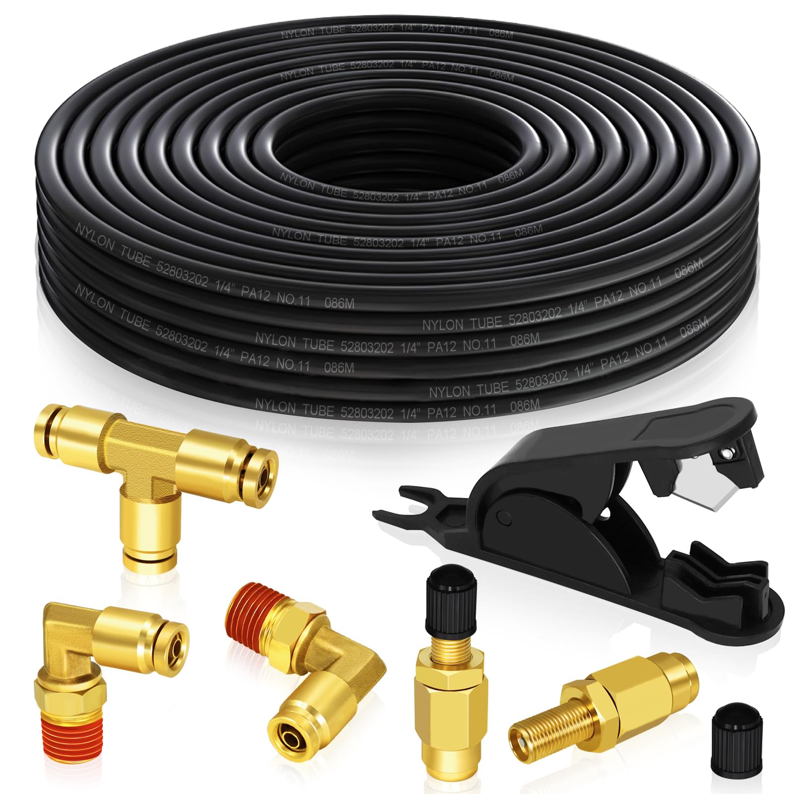 Air Line Service Replacement Kit for Air Bags Suspension,1/4" Air Line 32.8 FT PA Hose Tubing,1/4" Union Tee Elbow DOT Air Push To Connect Fittings, Schrader Valve (1/4”)