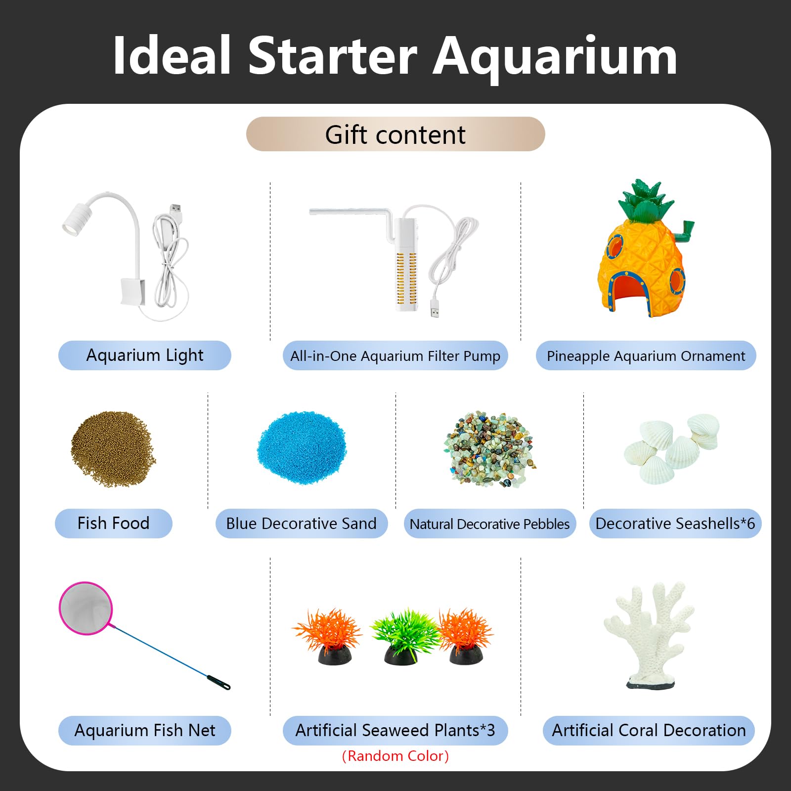 Kit de iniciación de acuario de pecera de 4 galones con filtro y luz, todo en uno, pequeño tanque de peces para Betta, niños y escritorio, nano acuario autolimpiante con tapa (blanco