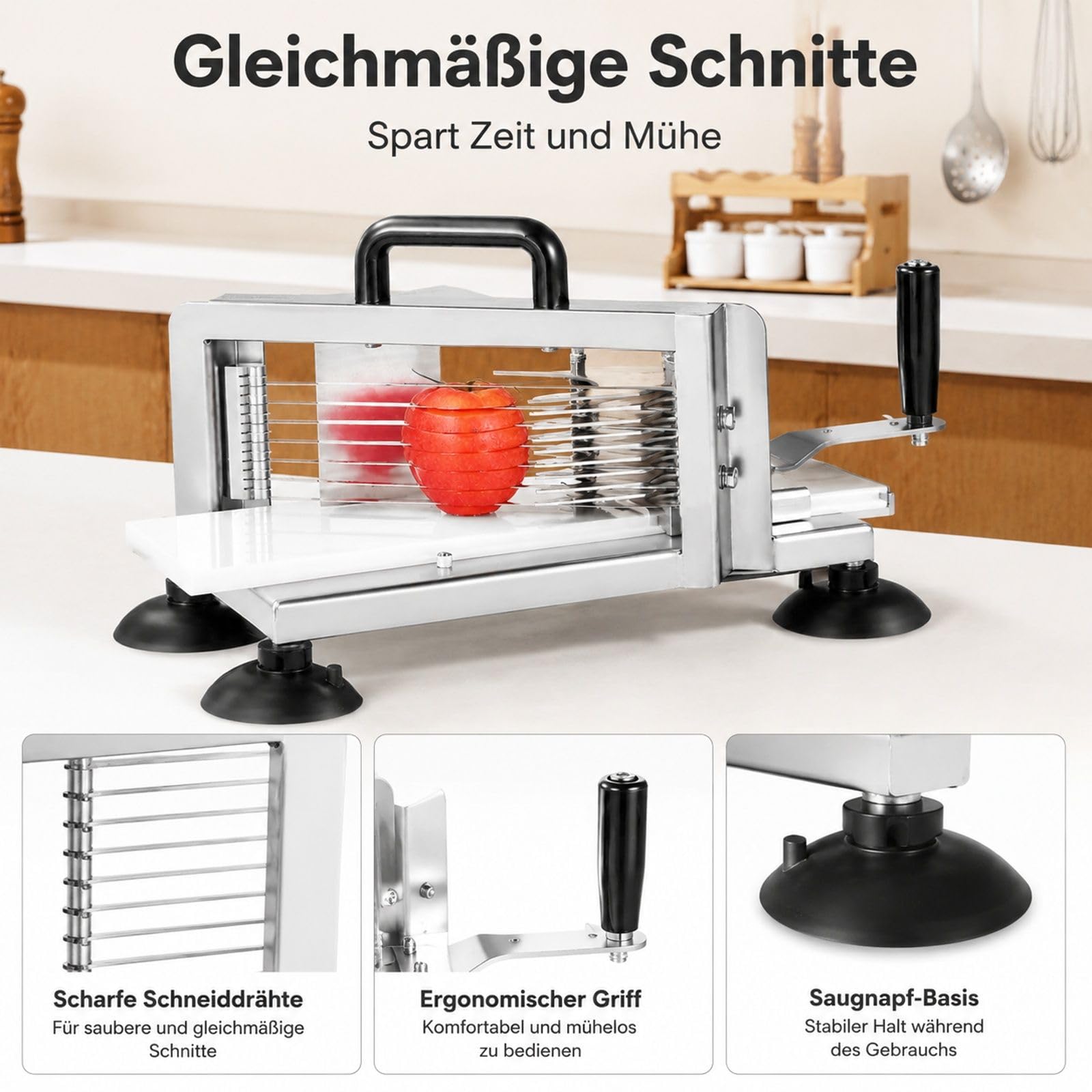Kommerzieller manueller Tomatenschneider fuer Tomaten Gurken und Bananen aus Edelstahl mit rutschfesten Fuessen