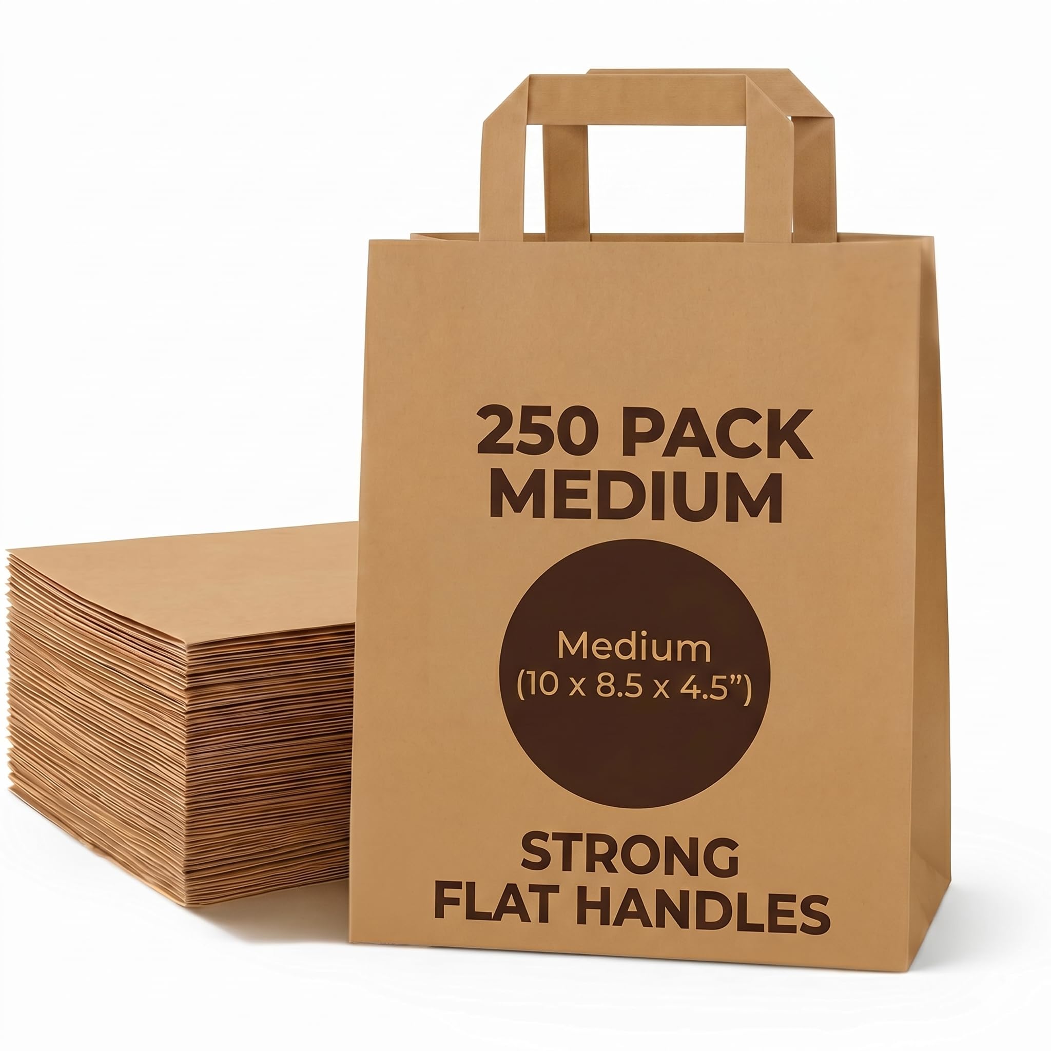 The Happy Garden Brown Kraft Paper Bags with Handles (250 Pack Medium), Eco-Friendly 80gsm Strong Takeaway, Tear Resitant Grocery & Gift Bag, Recyclable, Food Safe, Reusable Shopping & Lunch Bags
