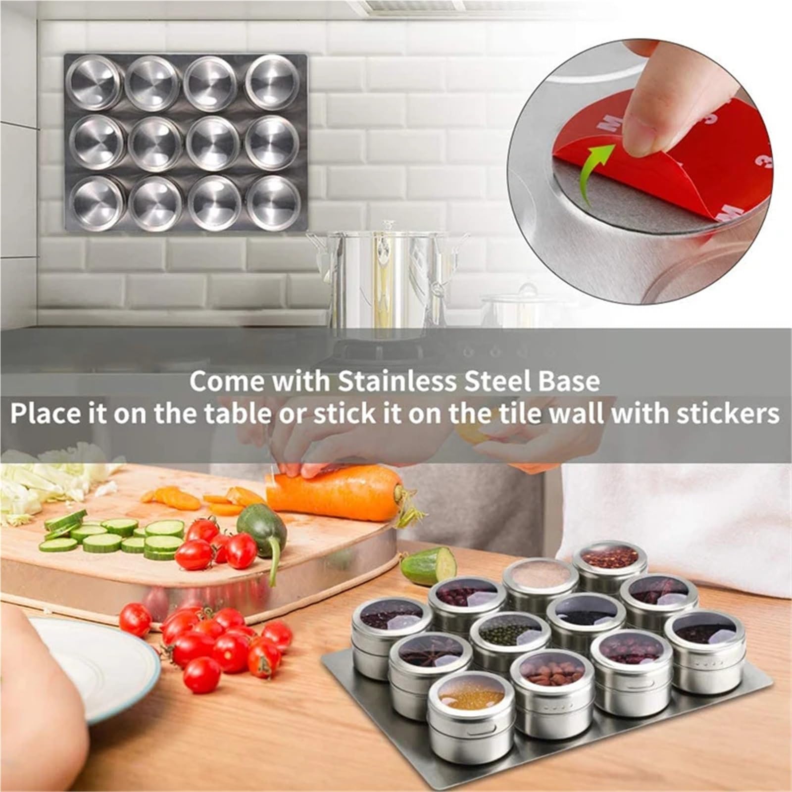 Gewürzbehälter aus Edelstahl Magnetisches Gewürzdosen-Set mit Etiketten, Aufklebern, Edelstahlboden, Gewürzbehälter, Organizer, Pfeffer, Gewürzsprays, Dose(12pc with labels)
