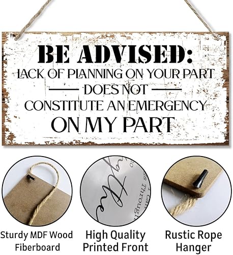 Miniatura 5 de Razpah Letrero decorativo, letrero de madera, divertido letrero de oficina, con texto en inglés "Lack of Planning Does Not Constitute an Emergency",