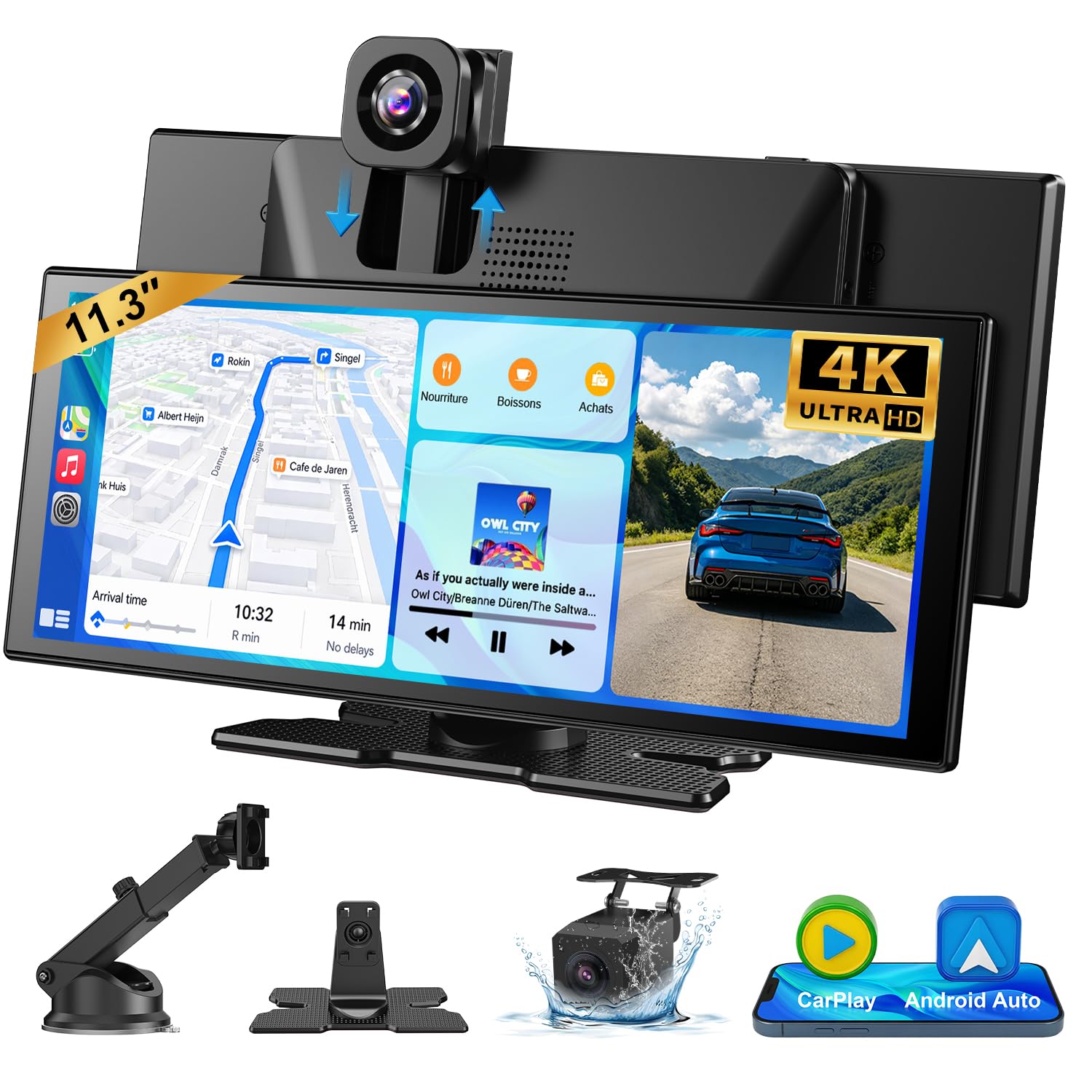 ESSGOO CarPlay Voiture, Supporte CarPlay sans Fil et Android Auto, Écran Tactile IPS 11,3 Pouces, Caméra Avant 4K et Caméra de Recul 1080P, Bluetooth 5.3, GPS, FM, AUX, Mirror Link