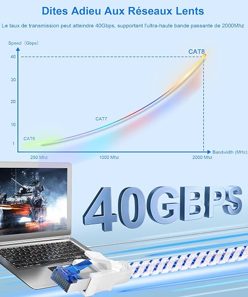 Câble Ethernet Cat 8, RJ45 1m 2m 3m 5m 10m 20m 30m Cable Réseau, Cat8 40Gbps 2000MHz Gigabit S/FTP Nylon Câble Internet Lan pour PS5, Routeur, Téléviseurs, Xobx, Plus Rapide que Cat 6/Cat 7(1m) - 2