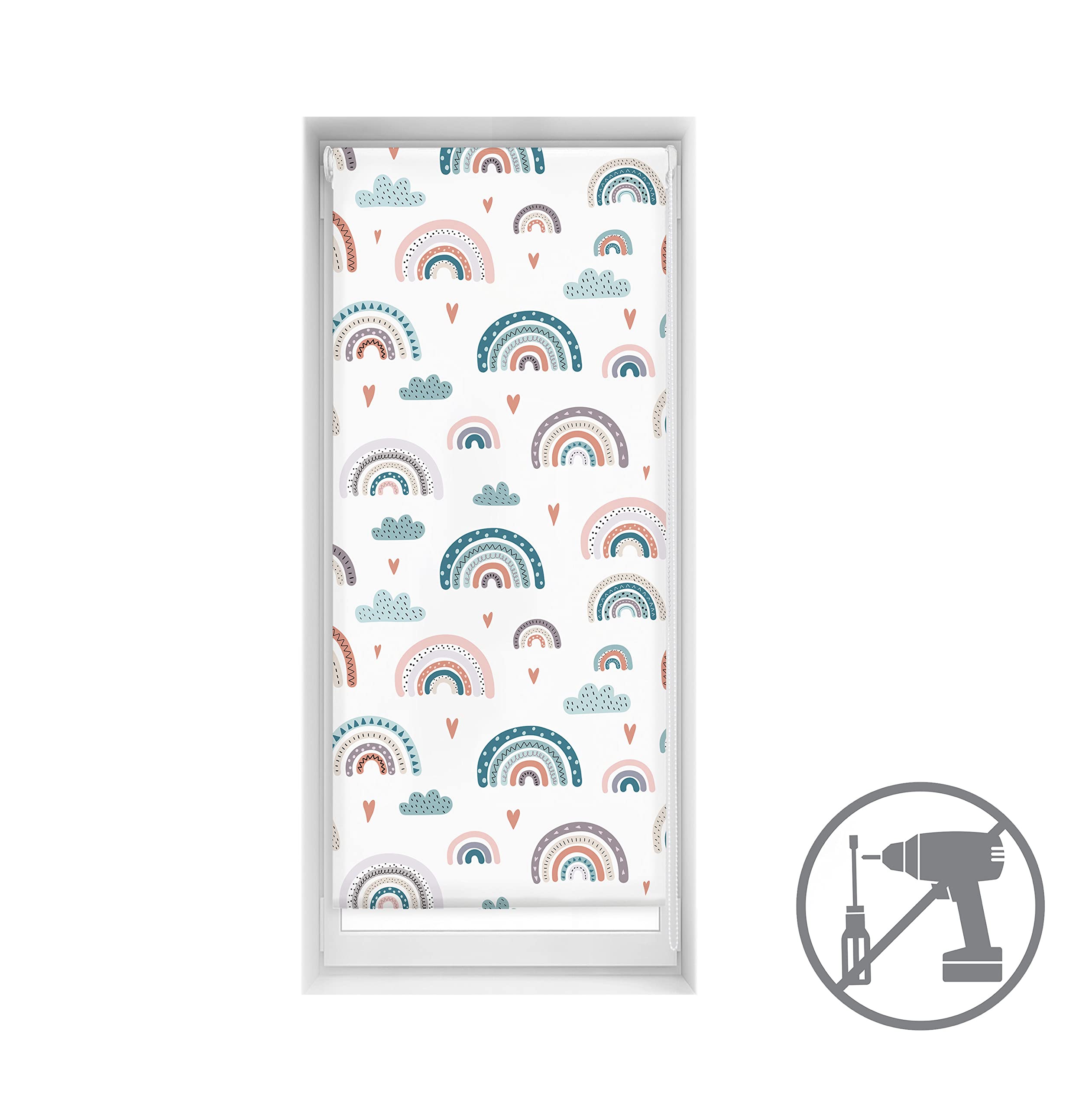 Blindecor Easy Store Enrouleur translucide sans perçage à Motif numérique, Dimensions du Tissu 62 x 145 cm, Motif Easyfix Relax, Arc-en-Ciel Bleu, 65 x 150 cm
