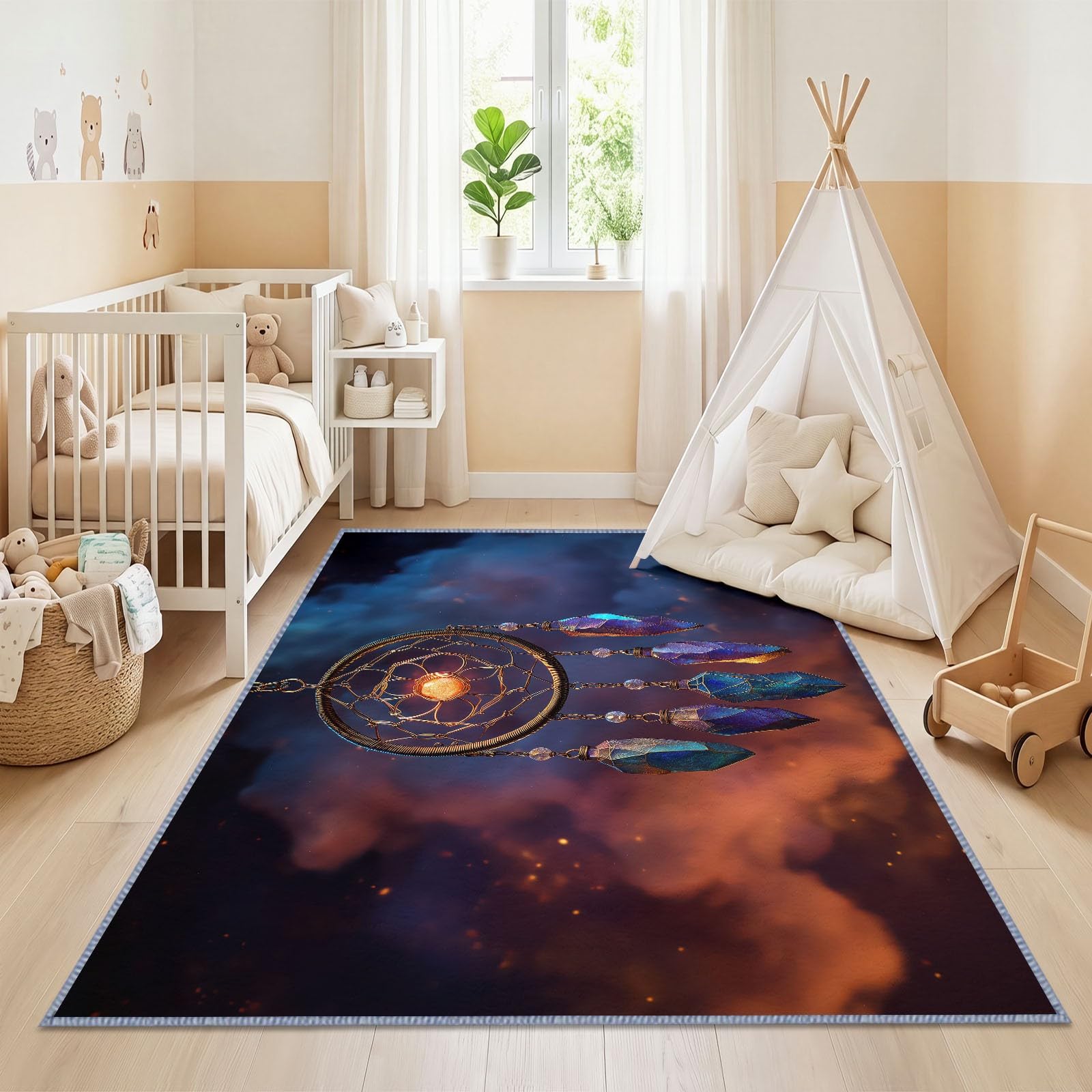 Waschbarer Teppich Wohnzimmer 120 X 170 cm, Kosmischer Sternenhimmel Kurzflor Schlafzimmer Leuchtender Traumfänger Teppiche, Weiche rutschfest Carpet für Badezimmer Esszimmer Flur Büro