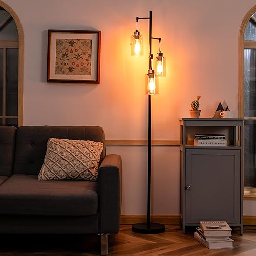 Miniatura 3 de Tangkula Lámpara de pie retro con pantalla de cristal ámbar colgante de 3 cabezales, interruptor de pie, base de metal, industrial para sala de