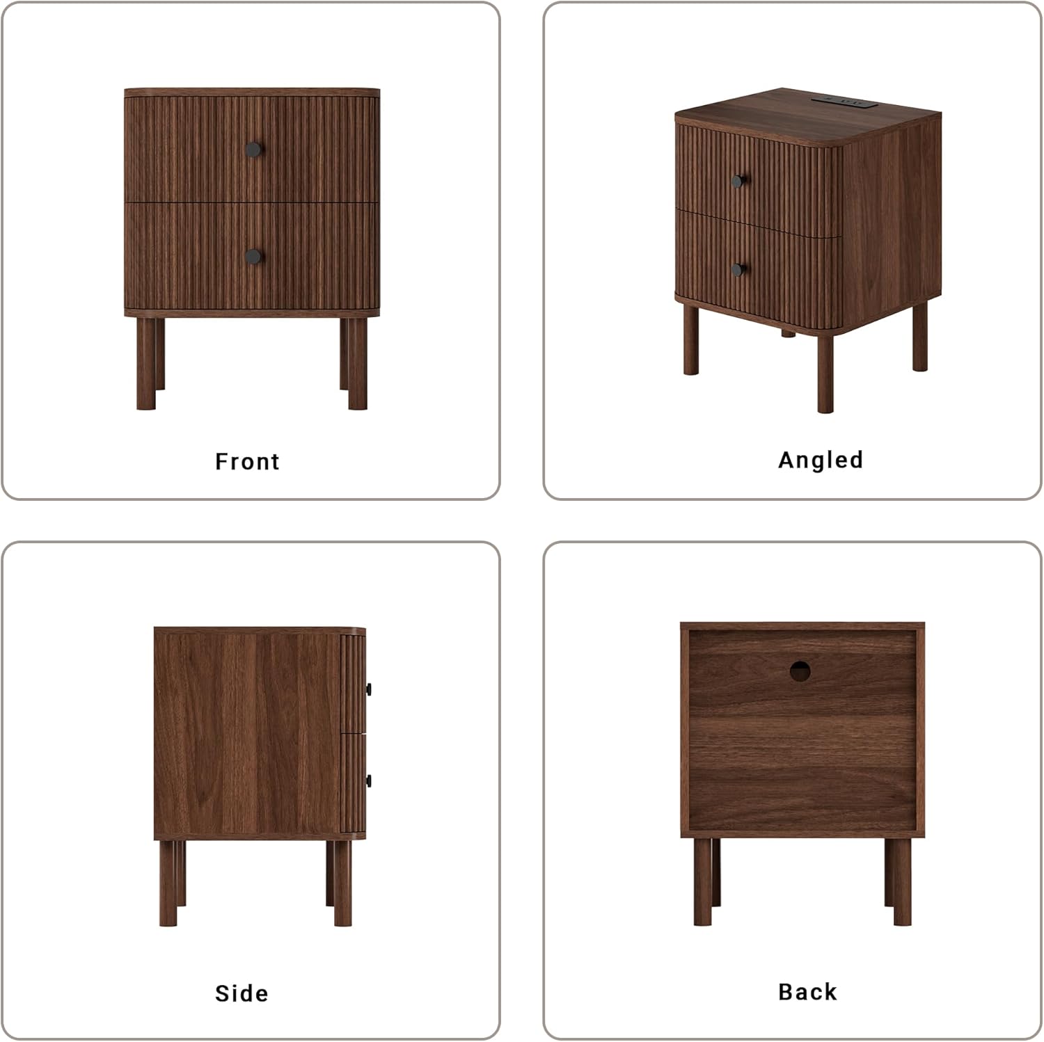 Fluted Nightstand, Night Stand Set 2, Nightstands Set of 2 with Charging Station, 2 Drawer Wooden End Table with Rounded Corners & Solid Wood Legs, Modern Bedside Table for Bedroom, Walnut