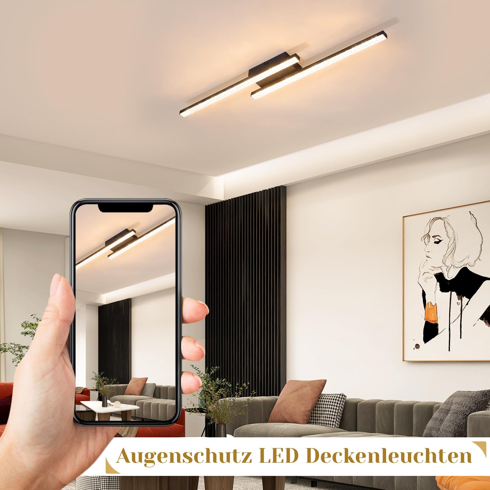 Glitzerlife Lampa sufitowa LED Czarna do korytarza - Lampa sufitowa kryształowa 61,5 cm Lampa kuchenna 2 płomienie Nowoczesna sypialni 12 W Ciepła biel 3000 K przedpokoju kuchennego
