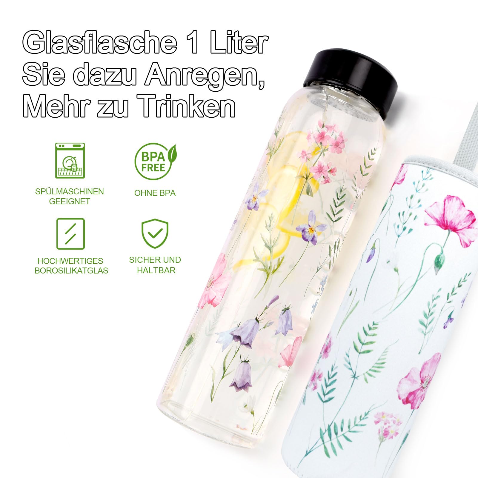 Glazen Waterfles,1000 ml/1 Liter Glazens Drinkfles,5,5 cm Brede Glazen Fles met Beschermhoes Roestvrijstalen Zeef,Bpa-Vrij,Lekvrije Koolzuurhoudende Drinkfles,Geschikt voor Sport Kantoor (Paars Glazen Waterfles,1000 ml/1 Liter Glazens Drinkfles,5,5 cm Brede Glazen Fles met Beschermhoes Roestvrijstalen Zeef,Bpa-Vrij,Lekvrije Koolzuurhoudende Drinkfles,Geschikt voor Sport Kantoor (Paars
