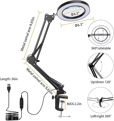 Miniatura 7 de Lupa con luz y soporte, lámpara de aumento Moclever 8x, lámpara de escritorio 2 en 1 y abrazadera, lámpara de manualidades con 10 modos de brillo, 3