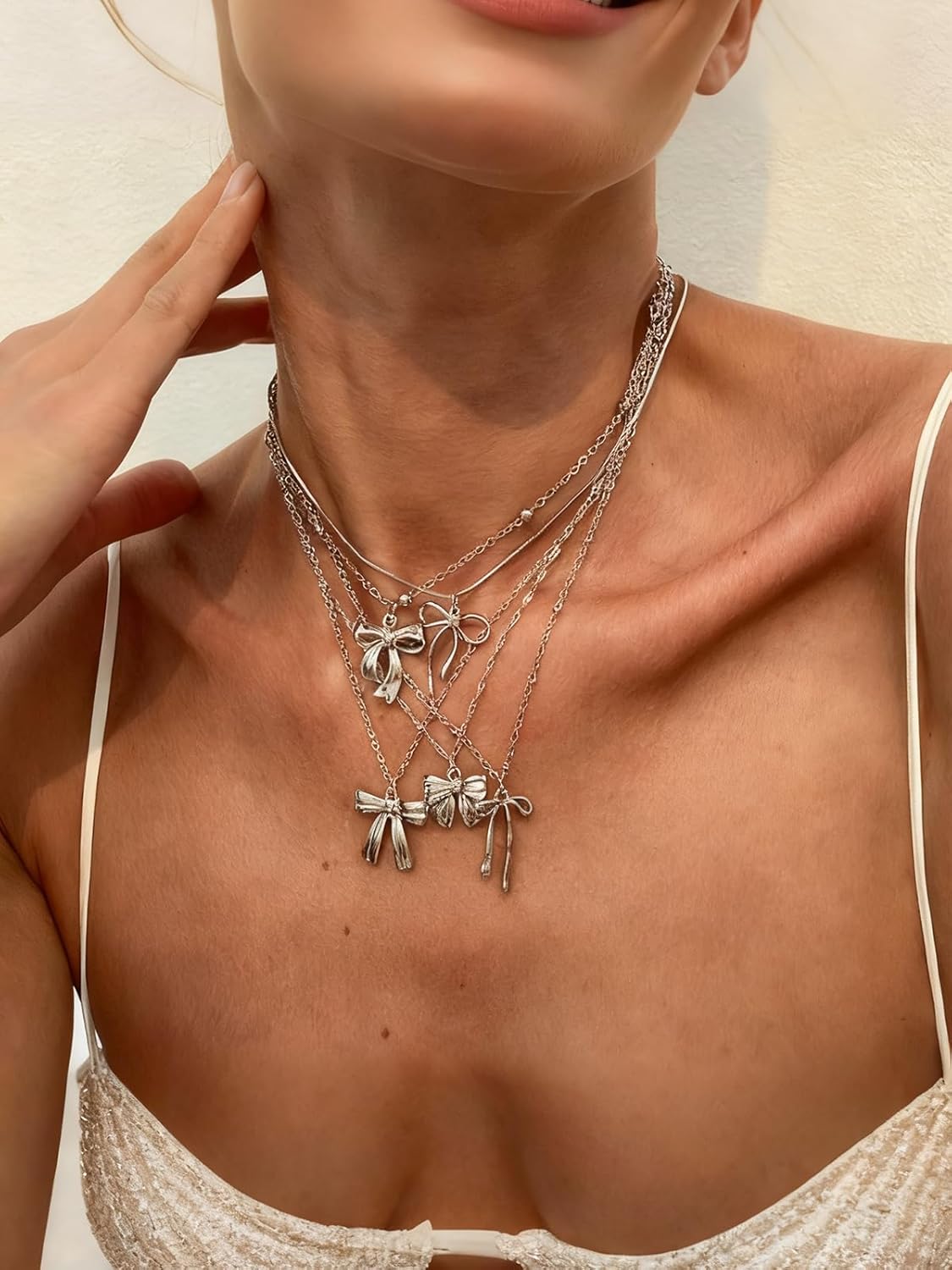 Layered Gold Necklaces for Women Stackable Dainty Chain Necklaces Graceful Layering Ribbon Bow Pendant Necklace Trendy Cute Choker Necklace Jewelry Set for Christmas Gifts - Image 2