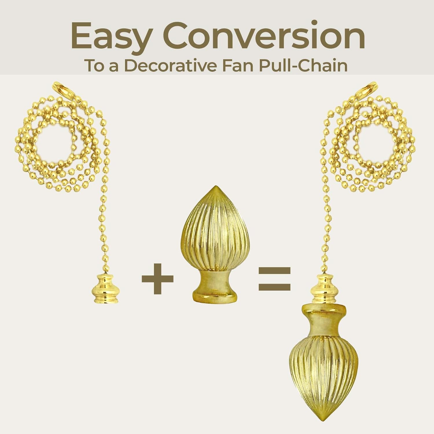 Royal Designs, Inc. Ribbed Pear Finial with Fan Pull Chain, Polished Brass - Pack of 2