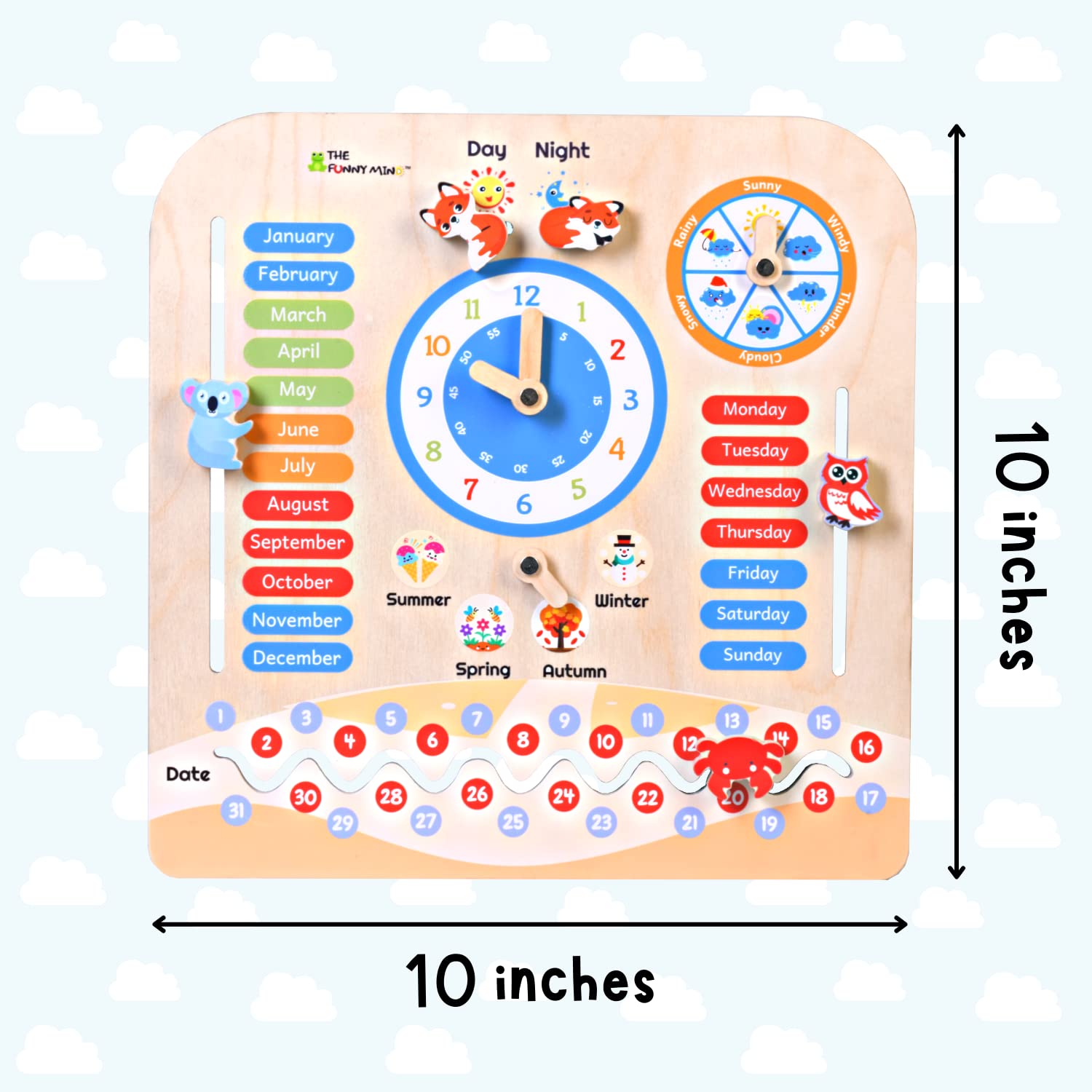 The Funny Mind Birch Wooden Activity Teaching Clock and Calendar for Kids 7 in 1 Learning Toy for Dates, Days, Months, Weather, and Time Recognition with Cute Animal Shaped and Moveable Hands Clock - Image 5 thumbnail