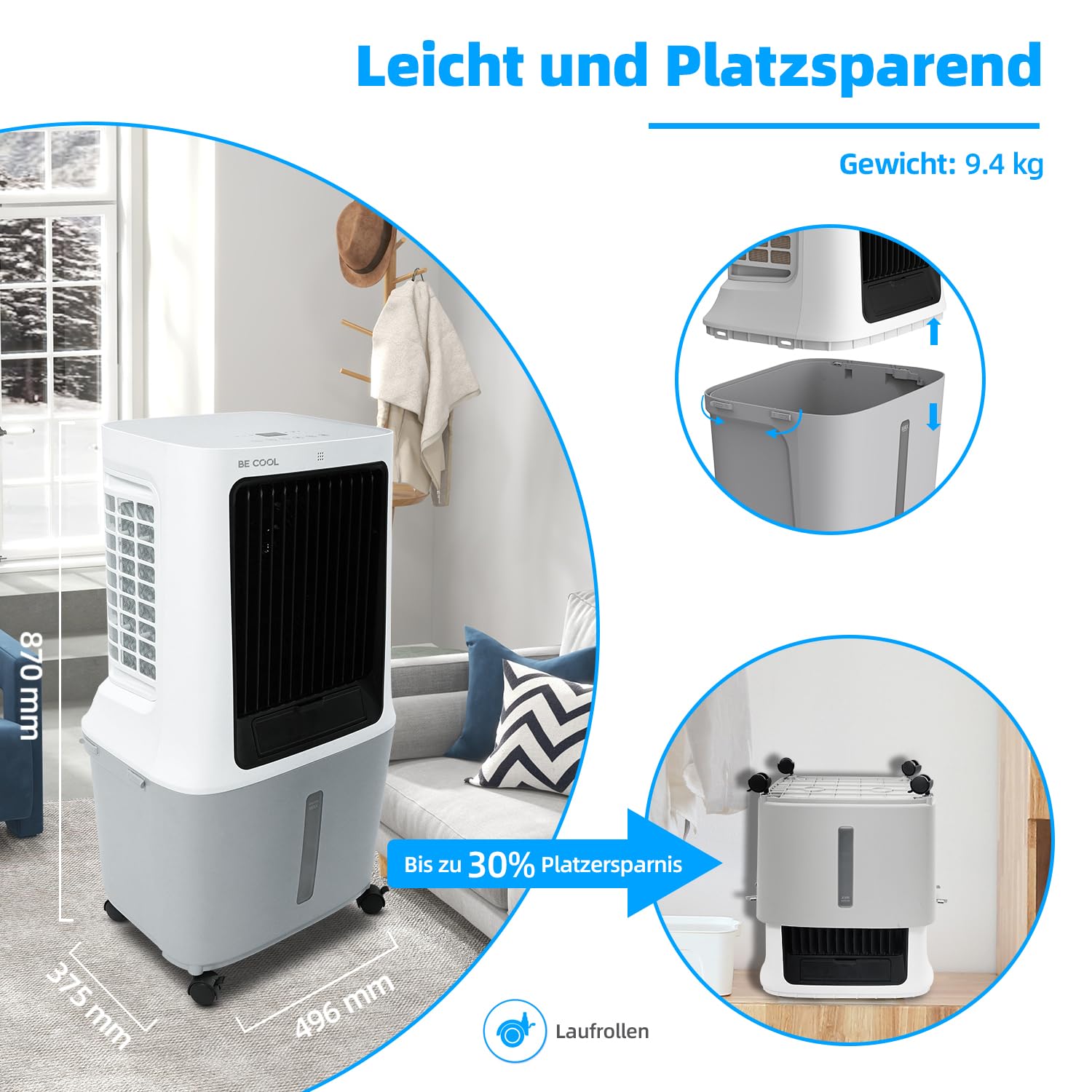 BE COOL Luftkühler | 30L Wassertank | 120W | WiFi-Steuerung | 1800 m³/h Luftzirkulation | 15m Reichweite | Trockenluftfunktion | LED-Display | Timer | Fernbedienung | BC30ACP2501W