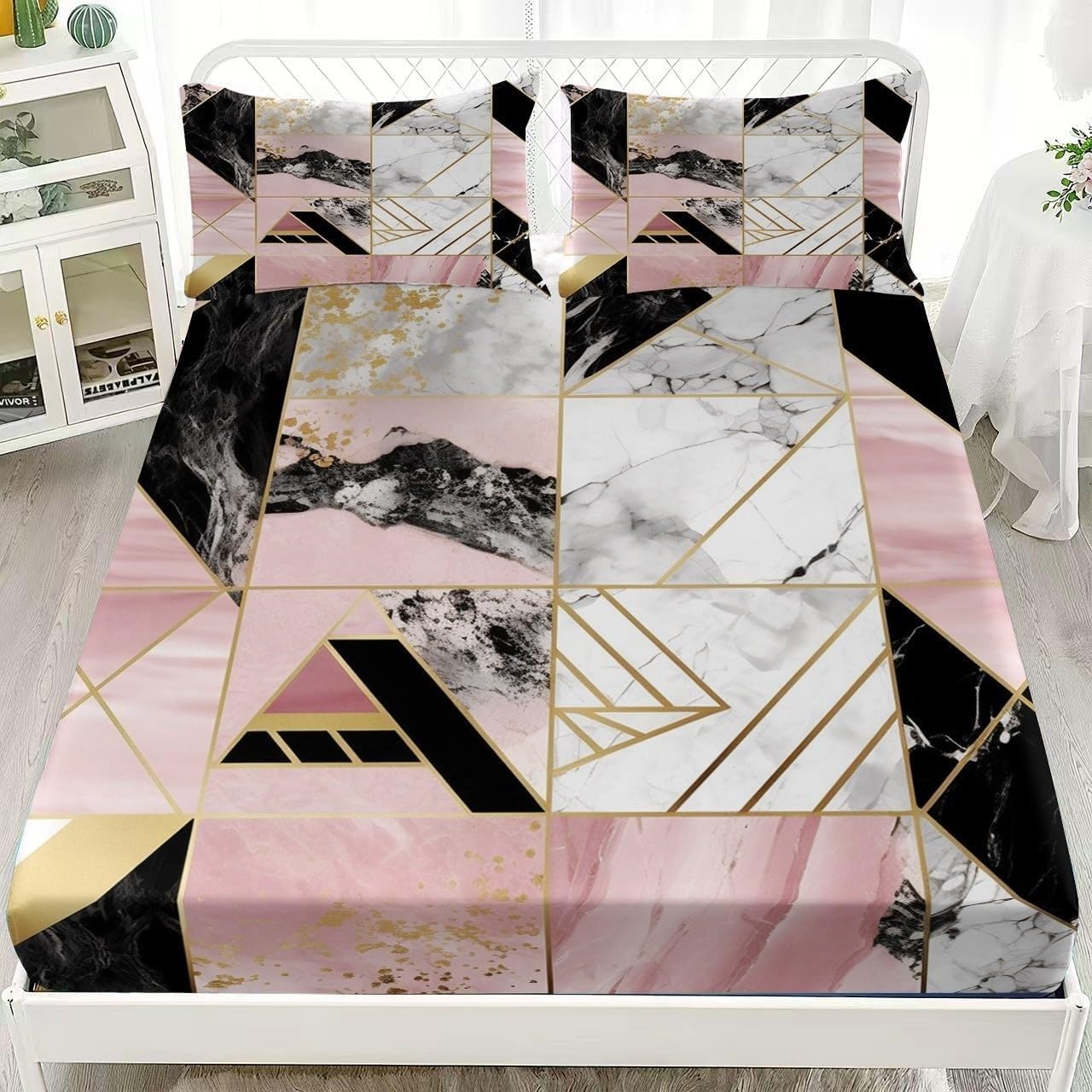 Sabana Bajera 135x190 GeoméTrico Sabanas Bajeras Estampadas Textura De MáRmol Sábana Bajera Ajustable Suaves, Elastico Funda Colchon con 2 Funda Almohada 50x80 cm, para Colchón de 30cm de Altura