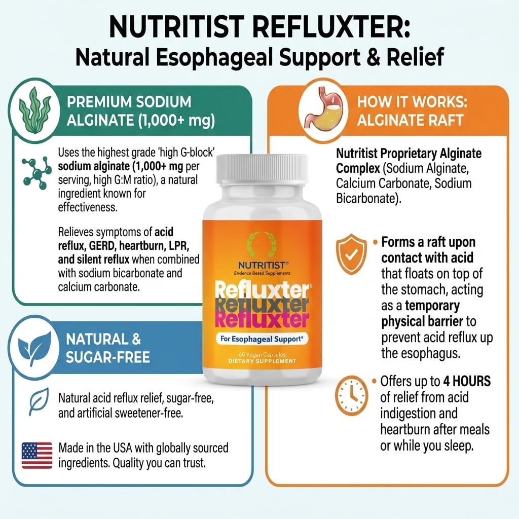 Refluxter Sodium Alginate Capsules – Natural Acid Reflux & GERD Relief Supplement. Supports LPR, Silent Reflux, Heartburn, Indigestion. Alginate Therapy. Alginato de Sodio. Made in USA