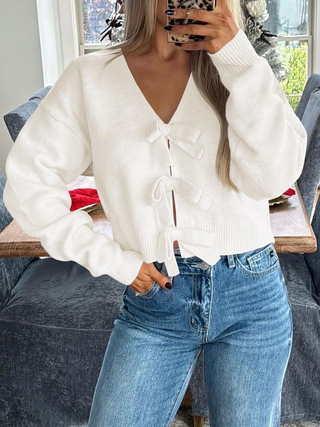 Saodimallsu Womens Bow Sweater Cropped V Neck Long Sleeve Fall Cozy Knit Loose Trendy Pullover Sweaters - Image 2