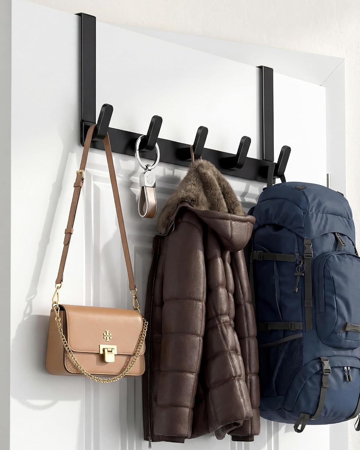 KitchLife Over The Door Hooks - Heavy Duty 5-Hook Organizer, 80lb Total Capacity for Robes, Coats & Towels, Fits 1 3/4" Doors, L18U, Gap-Free & Scratch-Free Design, Matte Black,1-Pack