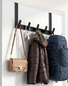 KitchLife Over The Door Hooks - Heavy Duty 5-Hook Organizer, 80lb Total Capacity for Robes, Coats & Towels, Fits 1 3/4" Doors, L18U, Gap-Free & Scratch-Free Design, Black,1-Pack