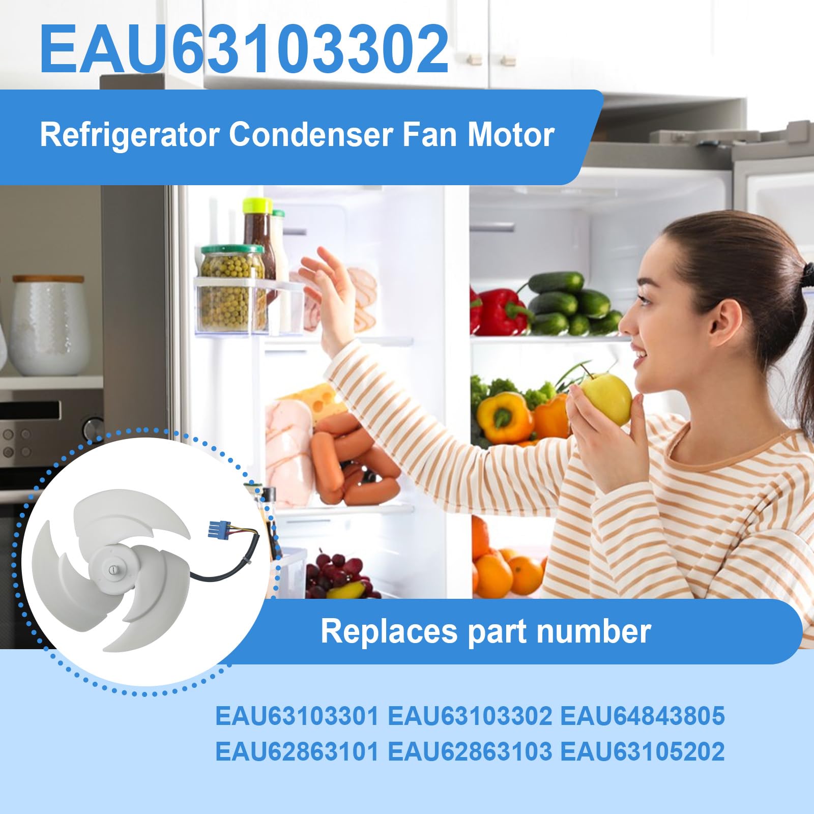 EAU63103302 Gruppo motore ventola condensatore frigorifero adatto per LG Kenmore, parti di ricambio per EAU63103301, EAU63103302, AP6235485, 4509126 DC 12V 1A 4-Pin