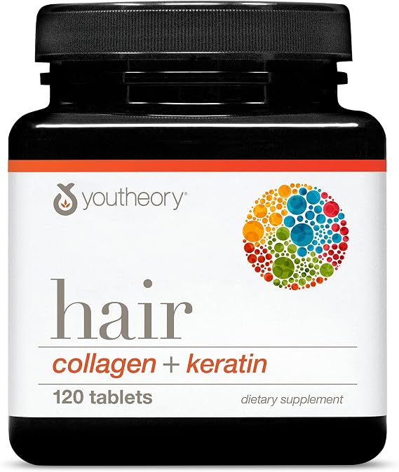 Youtheory Hair Collagen + Keratin - Advanced Collagen & Keratin Supplement - Supports Hair Growth & Nail Health* - Aids Anti-Aging* - 120 Tablets (20-Day Supply)
