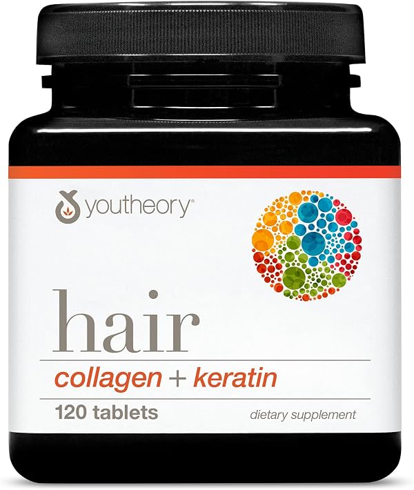 Youtheory Colágeno + Queratina para Cabello, 120 tabletas, suministro para 20 días | Suplemento avanzado de colágeno y queratina, apoya el crecimiento del cabello y la salud de las uñas*, ayuda contra el envejecimiento*, tableta de calidad probada, 120 unidades (Paquete de 1)