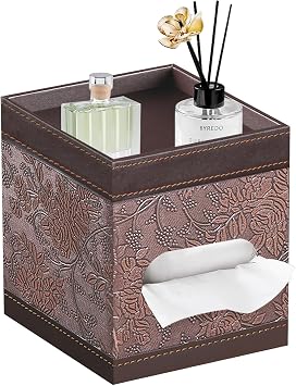 Square Tissue Box Cover with Storage Tray,Modern Decorative Tissue Holder | PU Leather Side Open Napkin Caddy,Facial Paper Dispenser for Bathroom Vanity,Night Stands,Desk,Stylish Home & Office Decor