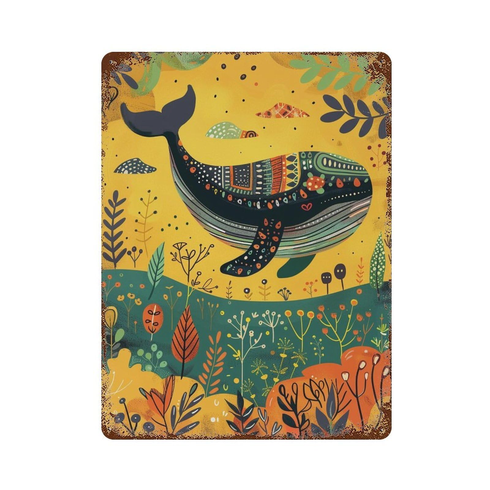 Vintage Rust Metal Sign Whale in Autumn Forest-4 15.7"x11.8", Decorative Metal Wall Art for Basement, Hobby Room And Garage Decor