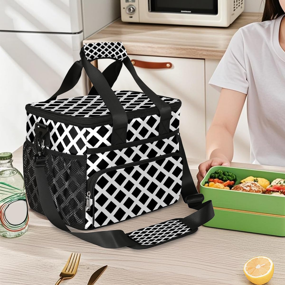 Grande borsa termica da campeggio per picnic, griglia a scacchi bianca e nera, stampa geometrica, pieghevole, portatile, da viaggio, borsa per il pranzo e contenitore per il pranzo, per uomini e donne