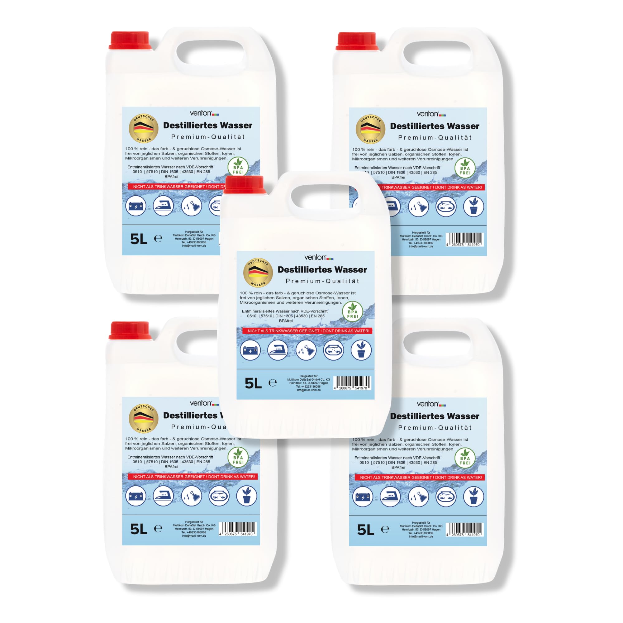 VENTON Klax Agua destilada 25 L (5 × 5 L) I Desmineralizada – Desionizada – Agua desmineralizada según VDE 0510 I Prueba de agua para el hogar, ocio, coche y laboratorio, pura I Agua de laboratorio