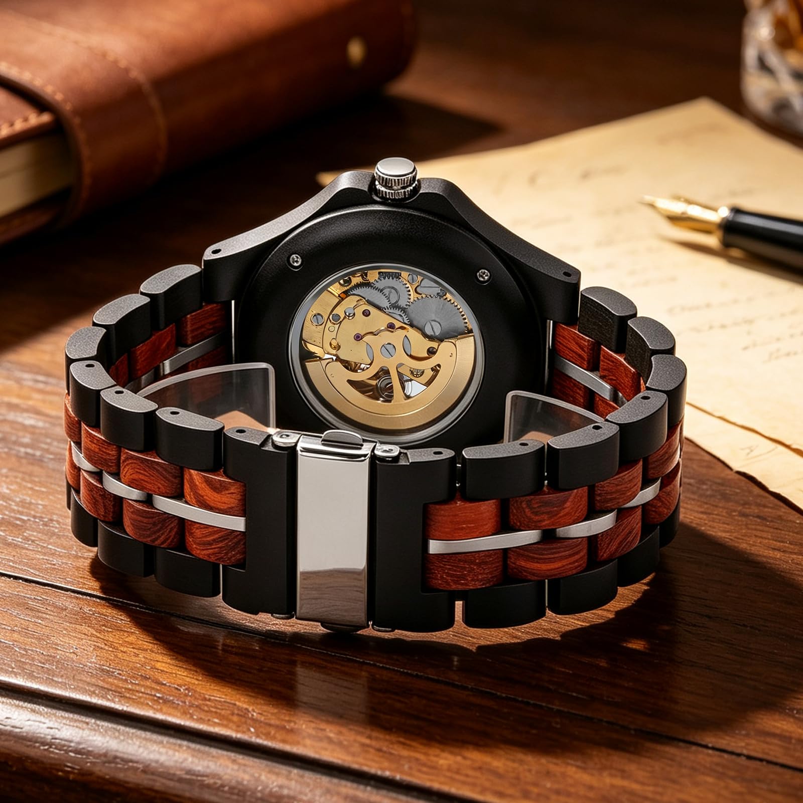 Tiong Orologio meccanico da uomo, in legno, di lusso, automatico, leggero, con cinturino in legno, con confezione regalo (W51108-rosso nero)
