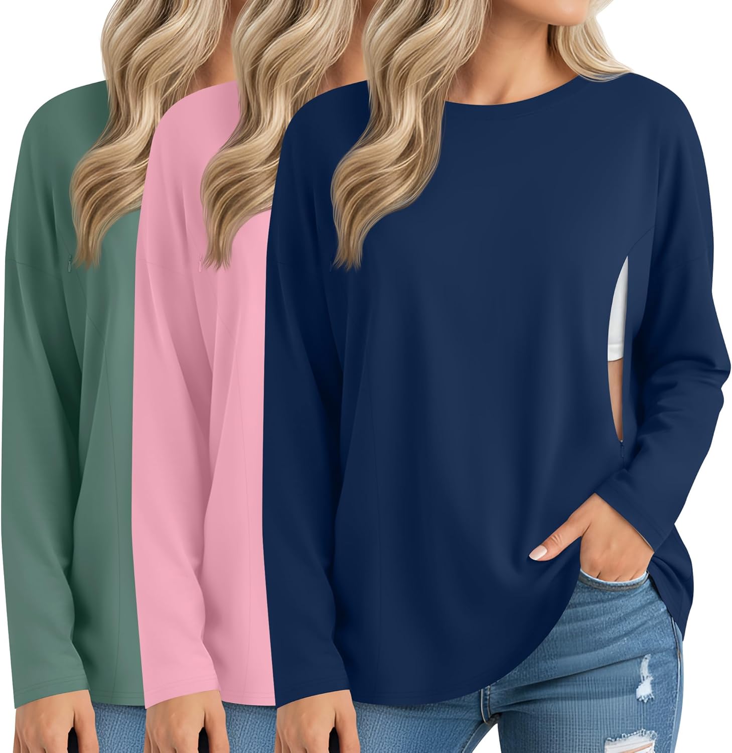3 Pack Women's Nursing Breastfeeding Tops Long Sleeve Maternity Shirts Oversize Hidden Zipper Pregnancy Clothes