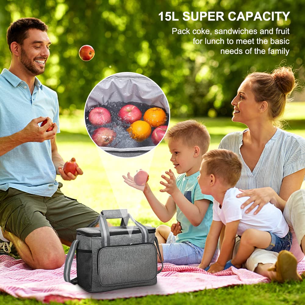 HSHRISH Koeltas, lunchtas, picknicktas voor dames, boodschappentas, werk, picknick, reizen, strand, anti-verlies ritssluiting, praktische isolatietas, puur zwart, 15 l