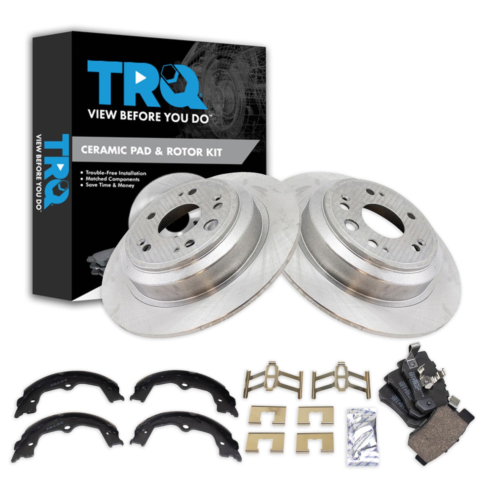 TRQ Rear Brake Pad and Rotor Set Ceramic Parking Brake Shoe Compatible with 2010-2011 Honda Accord Crosstour 2012-2015 Crosstour