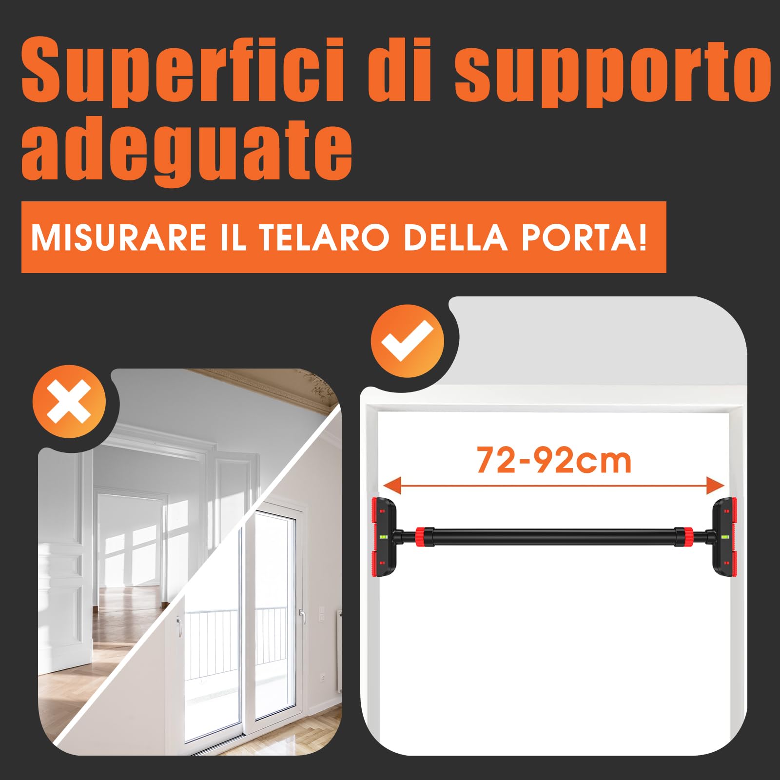 DH FitLife Barra per trazioni, telaio della porta senza viti, Pull up bar Doorway per avvitare, per allenamento di forza, barra per porta 72-92 cm, Carico 200kg, con livella a bolla