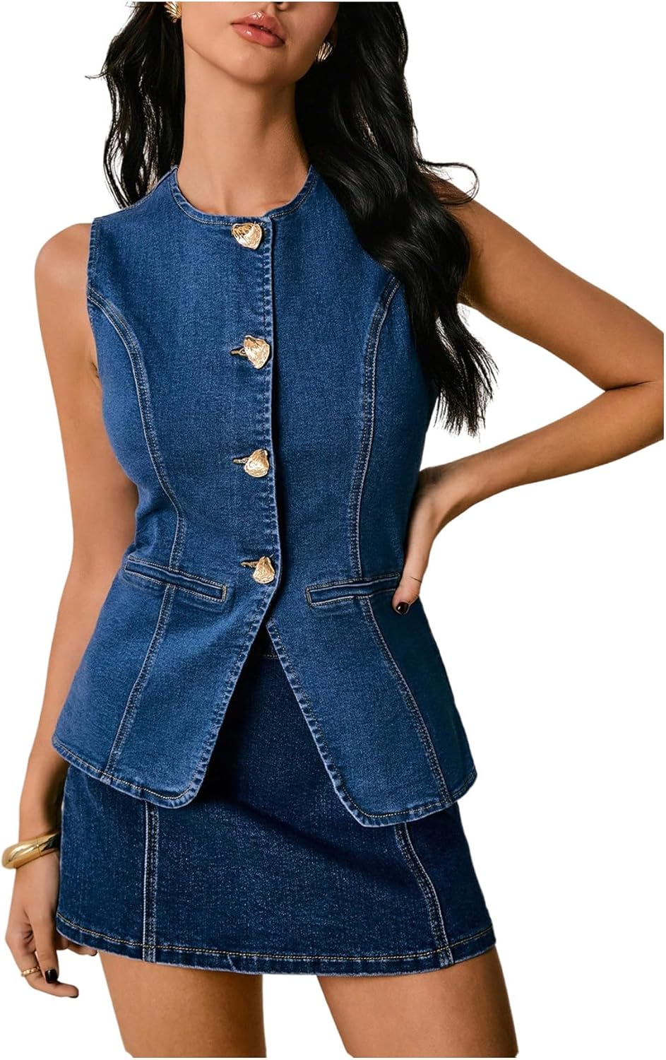 SweatyRocks Women's sleeveless jean jacket Button Down Crewneck Casual denim vest ladies tops - Image 6
