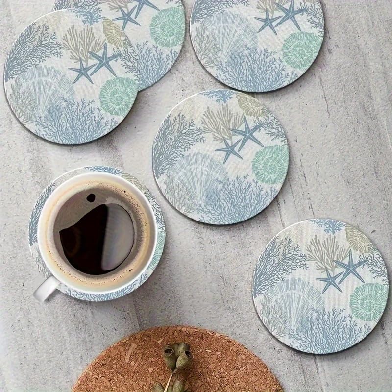 Image of 6pcs Coral Wooden Coaster Set- 4inch Round with Starfish and Patterns, Suitable Hot and Cold Beverage, Coffee Table Decoration, Home Housewarming, Ocean Theme Decoration, Surface,