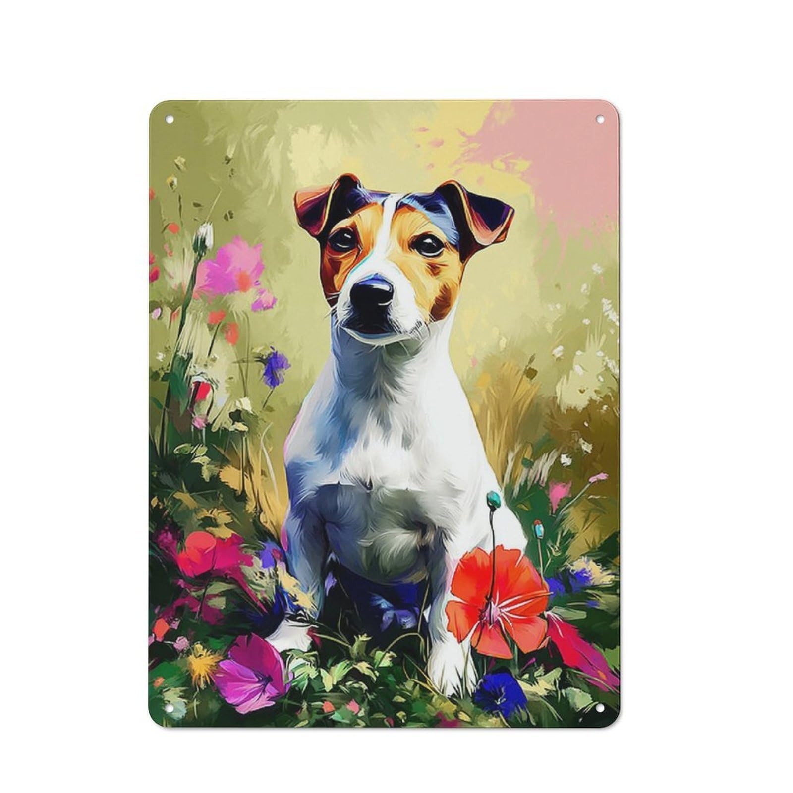 Junmoney Painted Jack Russell In Flowers Decorative Tin Plaque 40X30cm, Vintage Bar Wall Plaque For Bar, Kitchen, Garage Or Games Room