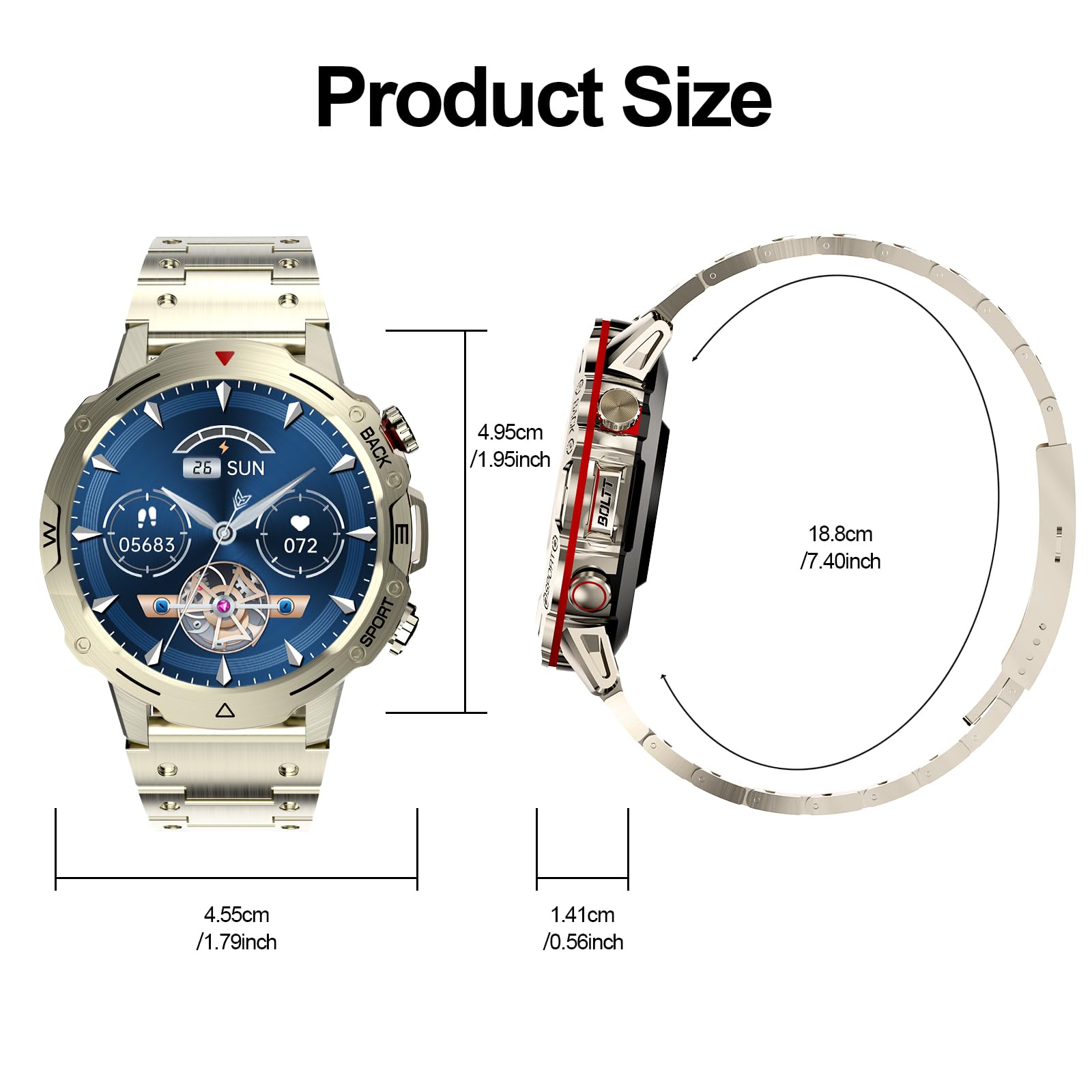 Montre Connectée Homme Smartwatch avec 2 Bracelets, 100+ Modes Sportifs, Cardiaque 24/7, Surveillance du Sommeil, Compatible Android/iOS, Doré
