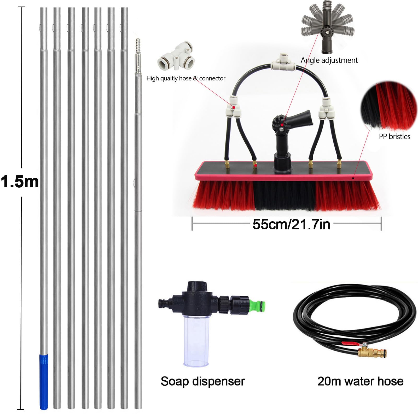 Teles Cepillo de limpieza – 11. Barra extensible con suministro de agua, ángulo ajustable y dispensador de jabón, perfecto para paneles solares y dispositivos tecnológicos